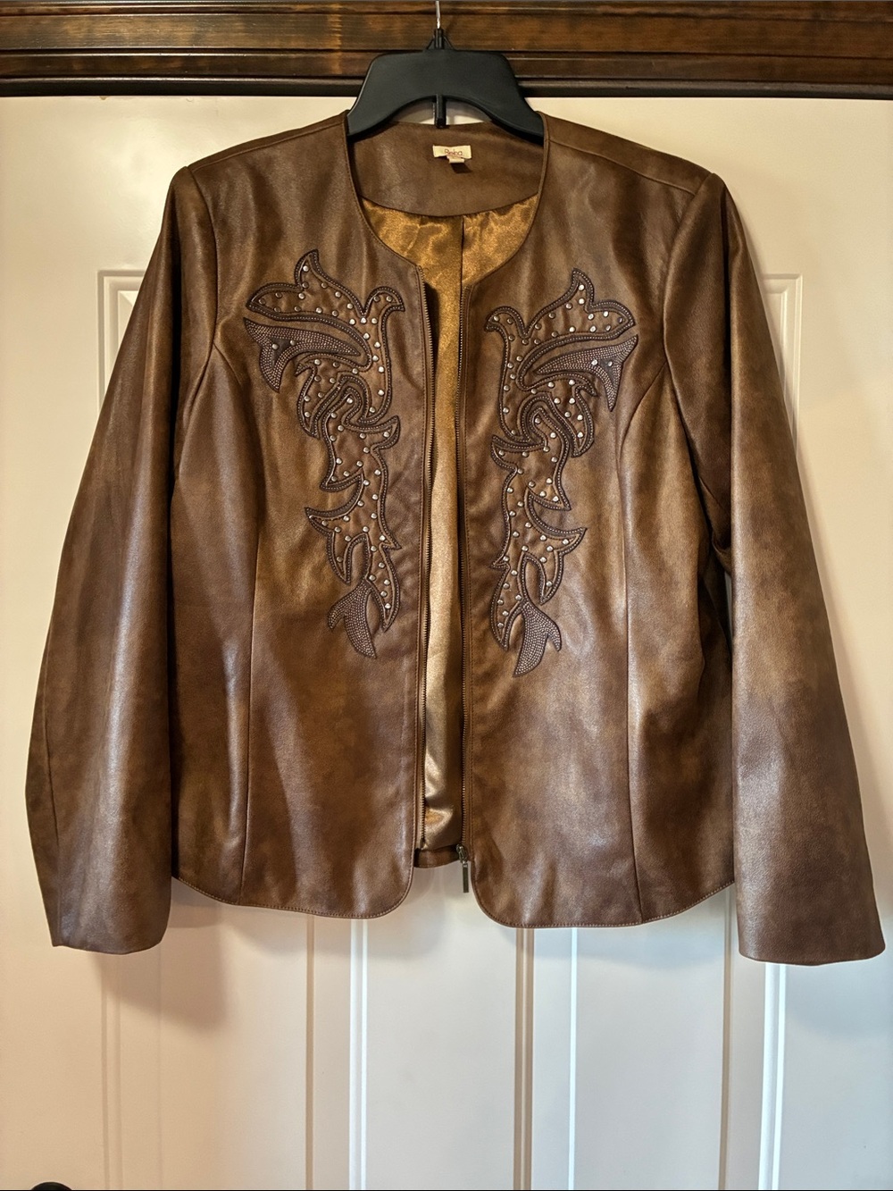 Large Reba Brown Studded Embellished Faux Leather Front Zip Jacket (ABBA)
